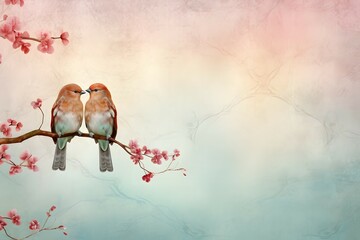 romantic background with a pair of love birds on the branches - obrazy, fototapety, plakaty