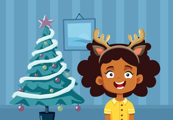 Girl Wearing Reindeer Antlers Celebrates Christmas at home Vector Cartoon. Little child waiting for Santa Claus feeling excited 
