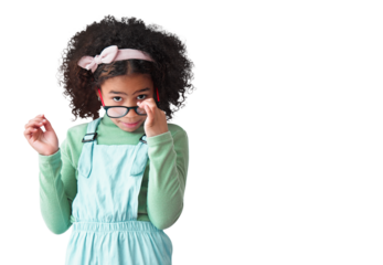 Isolated girl child, portrait and glasses for vision, eyesight and fashion with looking by transparent png background. Young African kid, lens and frame with style, eye care and clothes for aesthetic