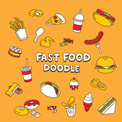 Doodle fast food. Hand drawing vector illustration of fast food menu.