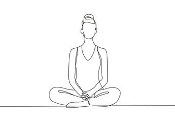 Woman Yoga Lotus Pose One Line Drawing. Female Sport Concept Minimalist Drawing. Yoga Meditation Line Art Modern Minimal Drawing Trendy Illustration Continuous Line Art. Vector EPS 10 - obrazy, fototapety, plakaty