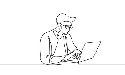 Continuous One Line Drawing of Businessman with Laptop. Man Working in Office One Line Illustration. Business Concept Abstract Minimalist Contour Drawing. Vector EPS 10 