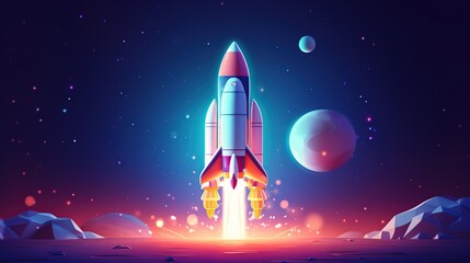 Rendering cartoon rocket launch to Space with colorful planet background. AI generated - obrazy, fototapety, plakaty