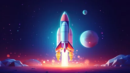 Foto op Plexiglas Rendering cartoon rocket launch to Space with colorful planet background. AI generated © saifur