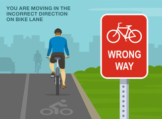 Safe driving tips and traffic regulation rules. Close-up of a bicycle wrong way sign. Back view of a cyclist cycling on a bike lane. Flat vector illustration template. - obrazy, fototapety, plakaty