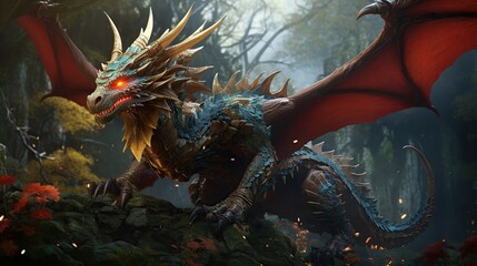 Fantasy wild dragon on dramatic background. AI generated image