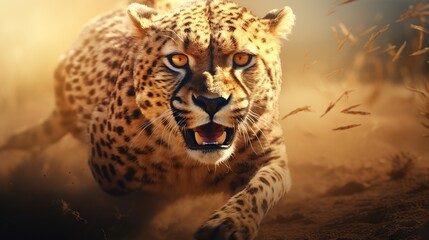 Cheetah exercising on dust fantasy background. AI generated image
