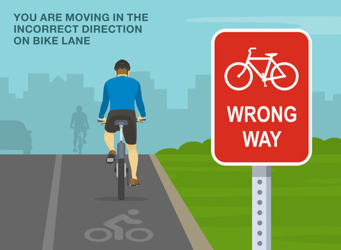 Safe driving tips and traffic regulation rules. Close-up of a bicycle wrong way sign. Back view of a cyclist cycling on a bike lane. Flat vector illustration template.