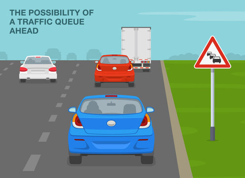 Safe driving tips and traffic regulation rules. The possibility of a traffic queue ahead. Back view of a traffic flow on highway. Flat vector illustration template.
