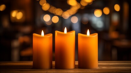 Burning candles in a dark room with a bokeh background. Holy night