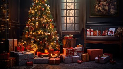Naklejka na ściany i meble Close-up of lights on fir tree and gifts