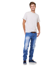 Fashion, happy and portrait of young man with casual, trendy and stylish cool outfit. Confident,...