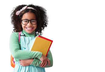 Isolated girl child, school books and portrait with smile, glasses or nerd by transparent png background. Happy student kid, notebook or excited for education, learning or development with backpack - Powered by Adobe