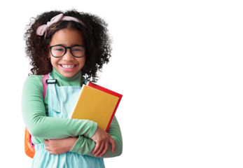 Isolated girl child, school books and portrait with smile, glasses or nerd by transparent png background. Happy student kid, notebook or excited for education, learning or development with backpack