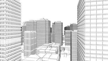 Fototapeta premium Wireframe Cityscape,Low-polygon cities and buildings,In the city's business district, a tall structure There are rivers and roads.,3d rendering