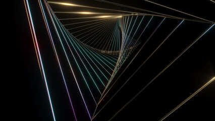 Abstract image of swirling golden triangle lines on black background.,Abstract line movement,3d rendering