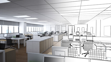 office space For working with computers, office equipment,line art,3d rendering