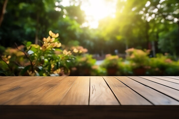 Wooden table top on blur green field background