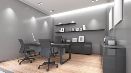 Company executive office Wooden floor, white walls and executive desk.,3d rendering