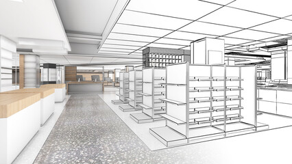 electronic equipment store ,computer and gadget shop.a combination of line drawings and color.,3d rendering