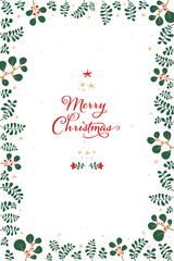 Christmas card with plants. Christmas template with phrase Merry Christmas decorative tree, stars and flowers. Frame with space to add greetings. In English.