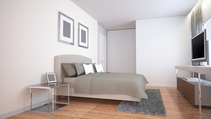 wooden floor and wardrobe in a contemporary bedroom.,3d rendering