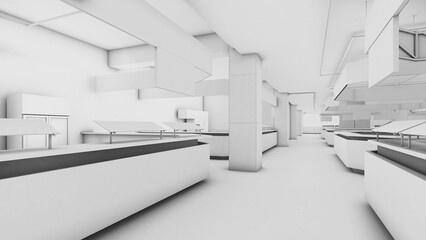 Fototapeta na wymiar The white interior structure shows the structure and the corridor area.,3d rendering