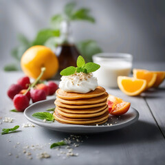Tortitas crepes con crema y unas hojas de perejil en un plato en una mesa en la que hay también unas cerezas, naranjas y un vaso de leche 