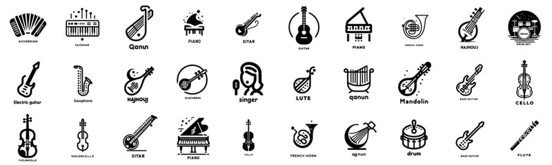 Global Sounds: Diverse Music Instrument Icons, set of instruments around the world with their names, minimalist sober black visuals editable vector