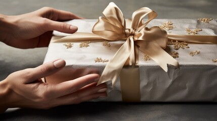 a person holding a gift wrapped in beige paper with gold snowflakes and ribbon. It is a gesture of giving and gratitude for a special occasion. - obrazy, fototapety, plakaty