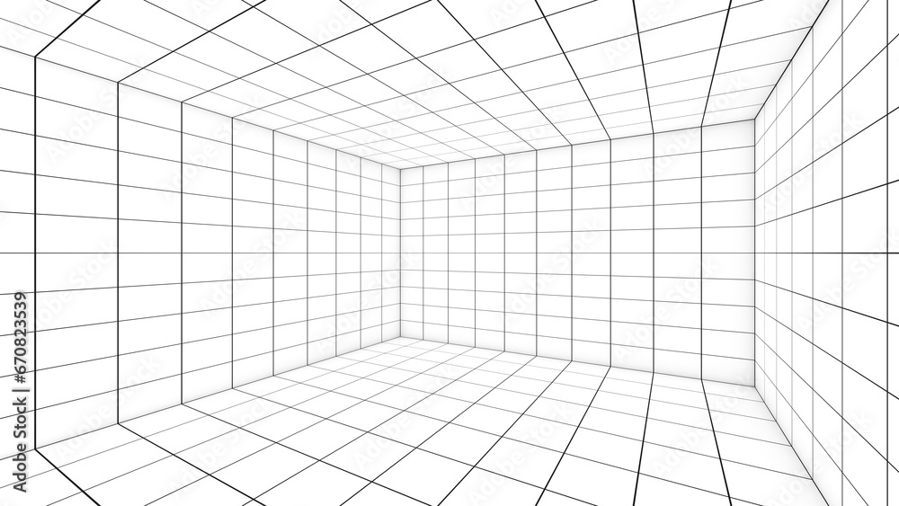 Poster a grid of lines in an empty, white room serves as a visual cue. ,a space with a distance-measuring g