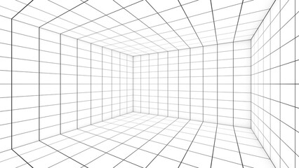 A grid of lines in an empty, white room serves as a visual cue. ,a space with a distance-measuring grid , a grid view,3d rendering