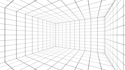 Foto op Canvas A grid of lines in an empty, white room serves as a visual cue. ,a space with a distance-measuring grid , a grid view,3d rendering © oselote