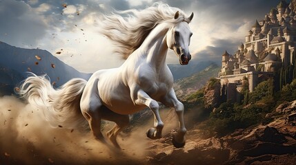 Obraz na płótnie Canvas White horse running on dust fantasy background. AI generated image
