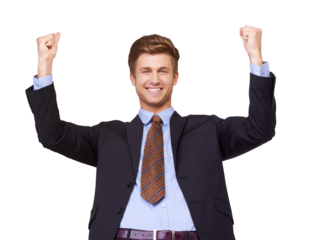 Winner, portrait or happy businessman with success or fist for winning victory isolated on png background. Hands up, transparent or excited salesman with profit for achievement, goals or motivation
