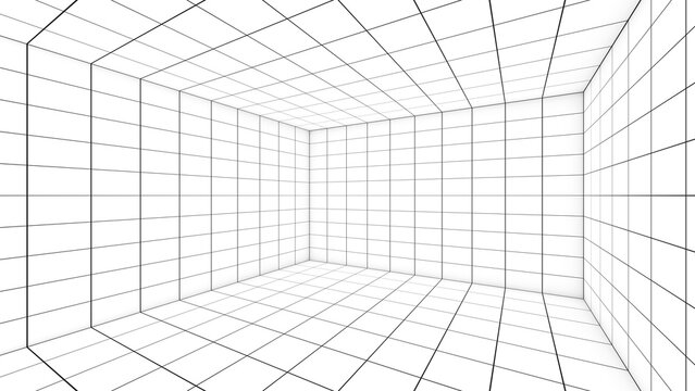 A grid of lines in an empty, white room serves as a visual cue. ,a space with a distance-measuring grid , a grid view,3d rendering