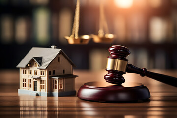Obraz na płótnie Canvas invest, buy, and profit from real estate and home buying through the concept of judge auction and real estate, Use the gavel justice hammer and house model to understand real estate law, taxes