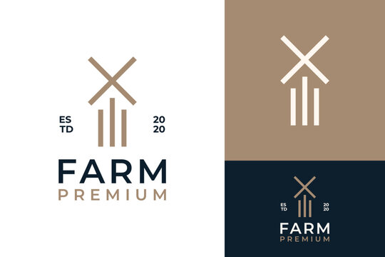 Simple Line Wind Mill Farm Tower Building Country Barn Wheat Flour Logo Design Branding Template