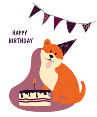 Happy birthday postcard with pet. Cute dog: shiba inu. Elements of party: gifts, garland, cake, candle, birthday hat.