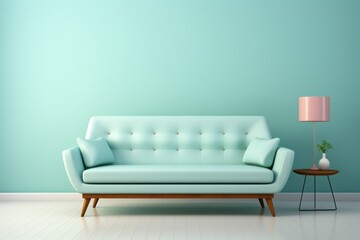 Minimalist sofa with a pale mint green upholstery, creating a refreshing and calming atmosphere, Generative AI