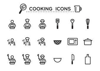 料理する人・シェフ・調理器具・電子レンジのベクターアイコンセット