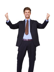 Success, winning and portrait of businessman celebrate, happy and excited isolated in a transparent or png background. Corporate, wow and professional employee or worker winner of profit opportunity
