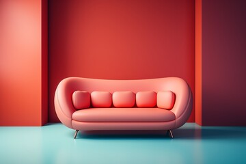 Minimalist sofa with a pastel coral-colored fabric, offering a pop of color while maintaining simplicity, Generative AI.
