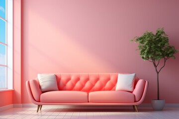 Minimalist sofa with a pastel coral-colored fabric, offering a pop of color while maintaining simplicity, Generative AI.