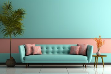 Minimalist sofa with a pastel teal upholstery, evoking a sense of tranquility and coastal vibes, Generative AI