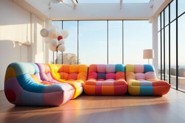 Modular sectional sofa with pastel cushions, allowing for customizable seating arrangements, Generative AI