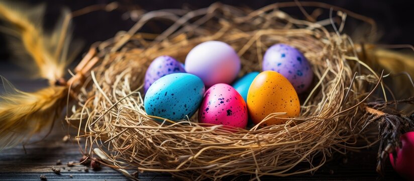 Colorful eggs in straw nest as Easter backdrop