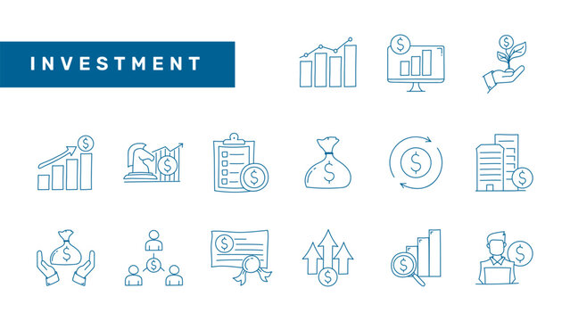 Hand drawn investment line icon collections. Set of investment doodle icon.