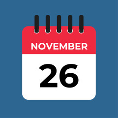 november 26 calendar reminder. 26 november daily calendar icon template. Calendar 26 november icon Design template. Vector illustration