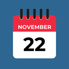 november 22 calendar reminder. 22 november daily calendar icon template. Calendar 22 november icon Design template. Vector illustration
